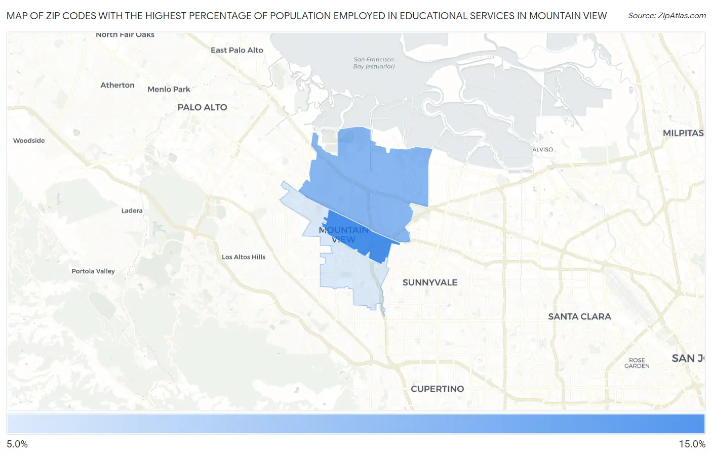 Zip Codes with the Highest Percentage of Population Employed in Educational Services in Mountain View Map