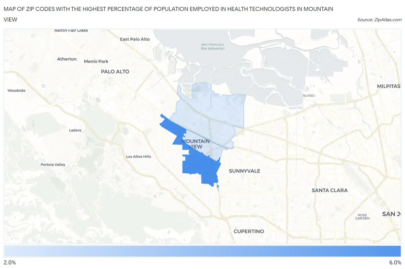 Zip Codes with the Highest Percentage of Population Employed in Health Technologists in Mountain View Map