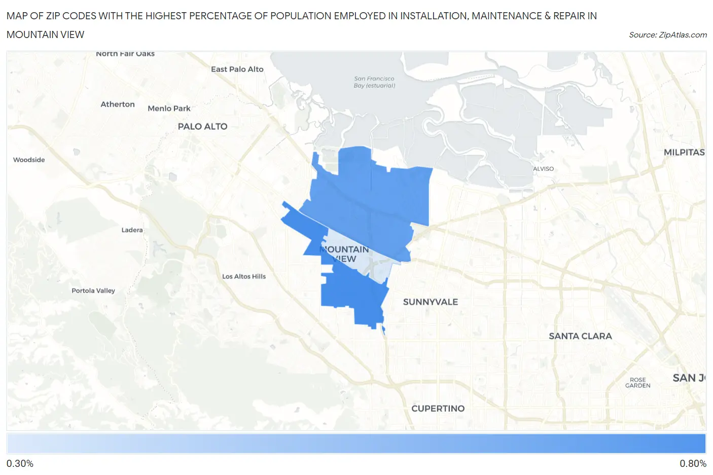 Zip Codes with the Highest Percentage of Population Employed in Installation, Maintenance & Repair in Mountain View Map