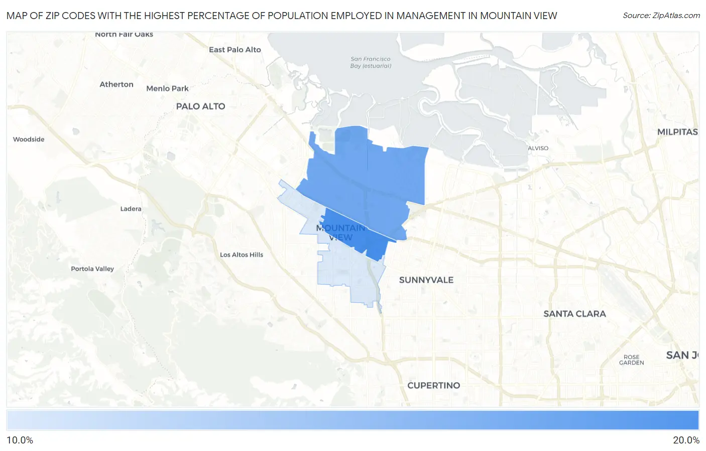 Zip Codes with the Highest Percentage of Population Employed in Management in Mountain View Map
