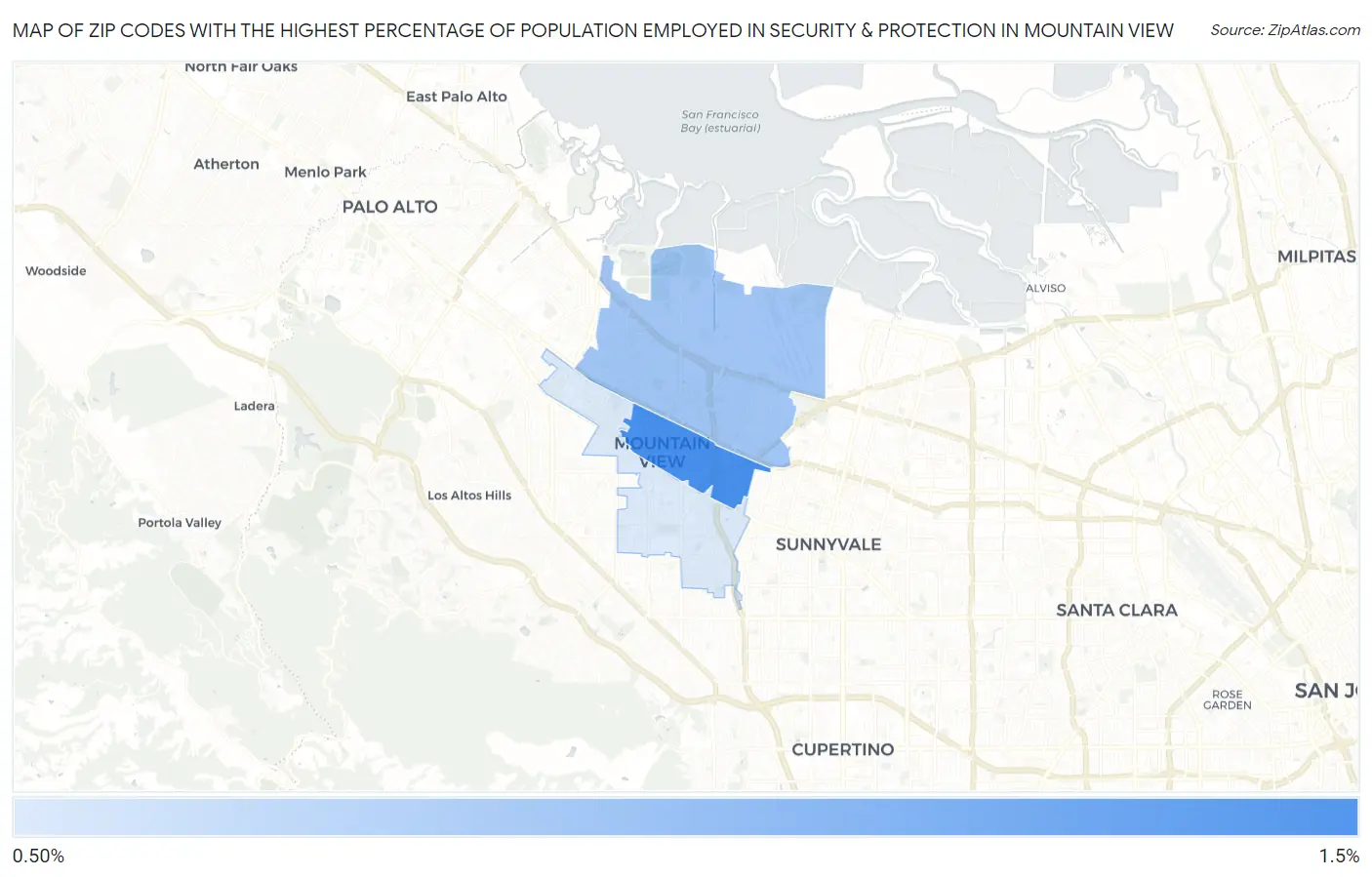 Zip Codes with the Highest Percentage of Population Employed in Security & Protection in Mountain View Map