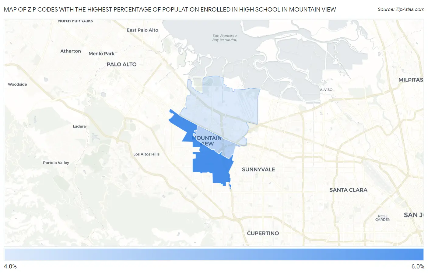 Zip Codes with the Highest Percentage of Population Enrolled in High School in Mountain View Map