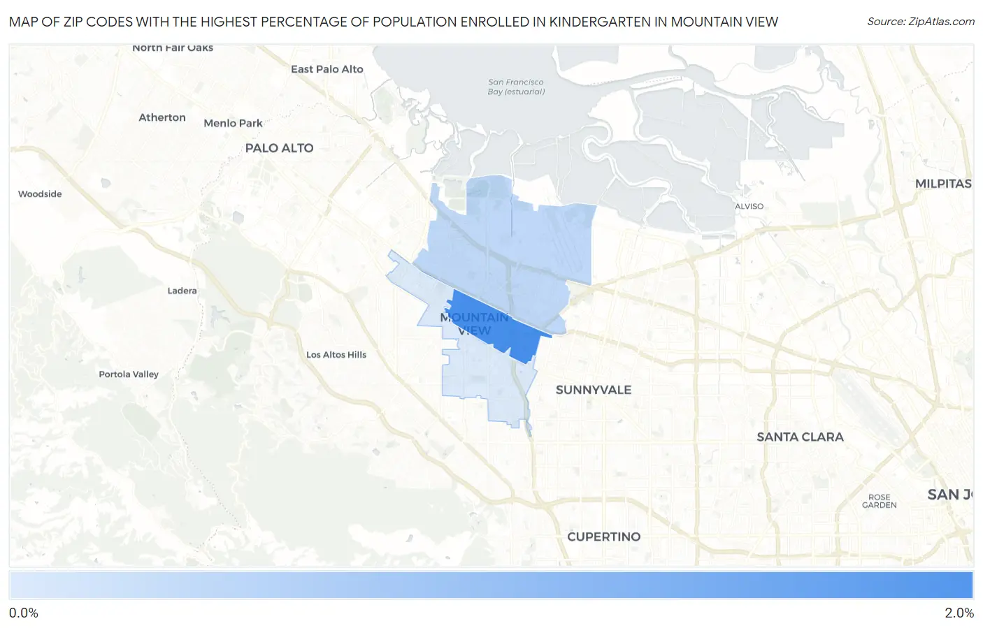 Zip Codes with the Highest Percentage of Population Enrolled in Kindergarten in Mountain View Map