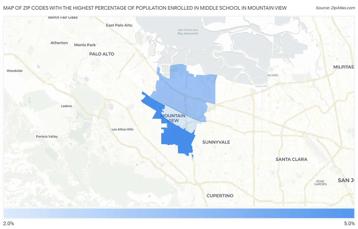 Zip Codes with the Highest Percentage of Population Enrolled in Middle School in Mountain View Map