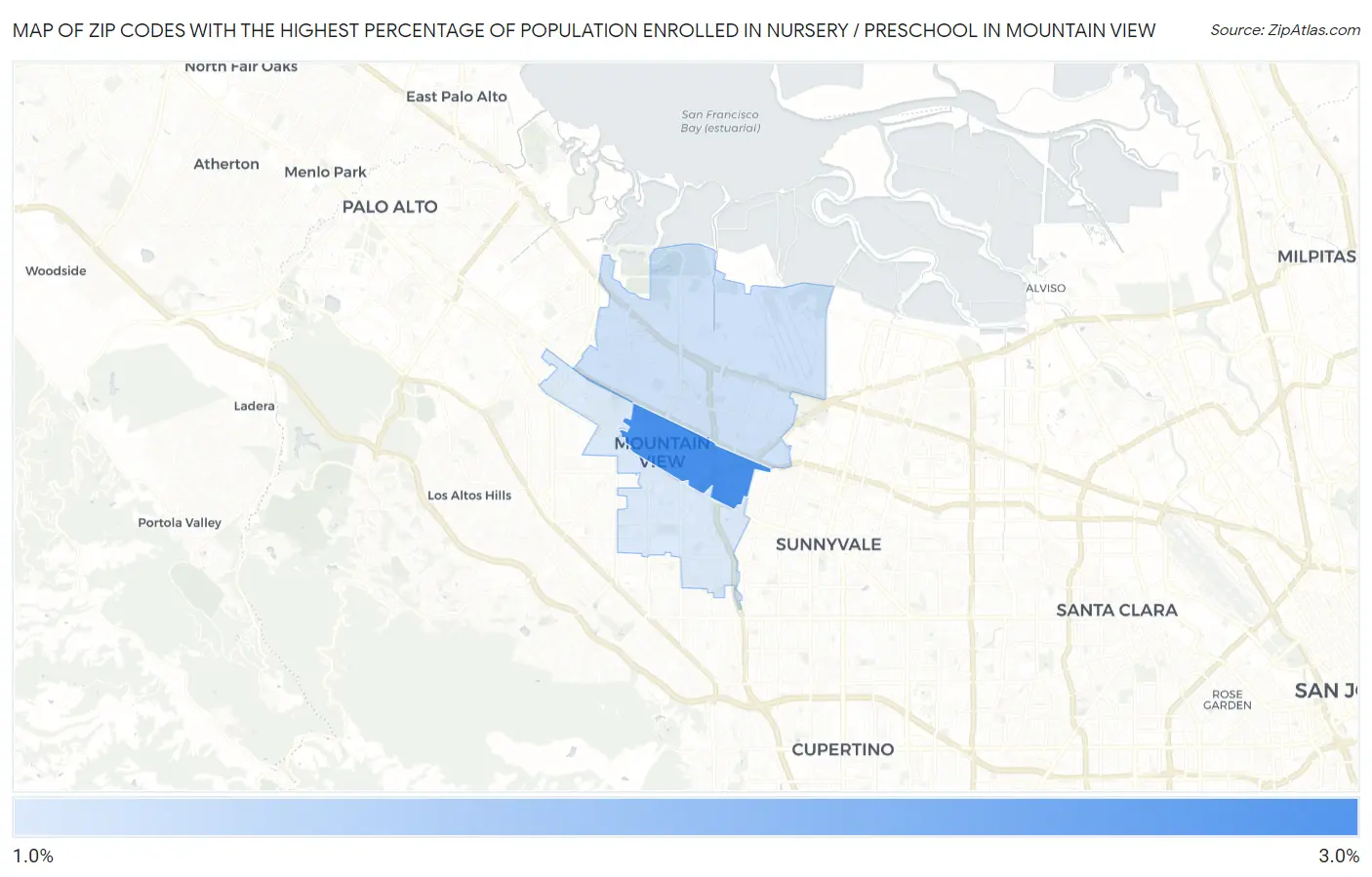 Zip Codes with the Highest Percentage of Population Enrolled in Nursery / Preschool in Mountain View Map