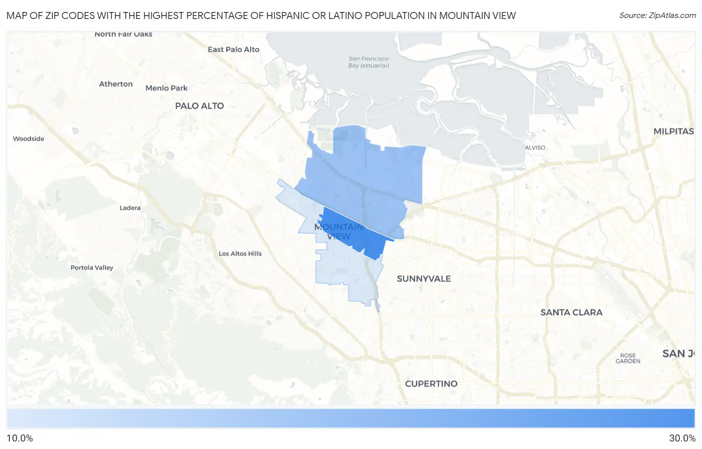 Zip Codes with the Highest Percentage of Hispanic or Latino Population in Mountain View Map