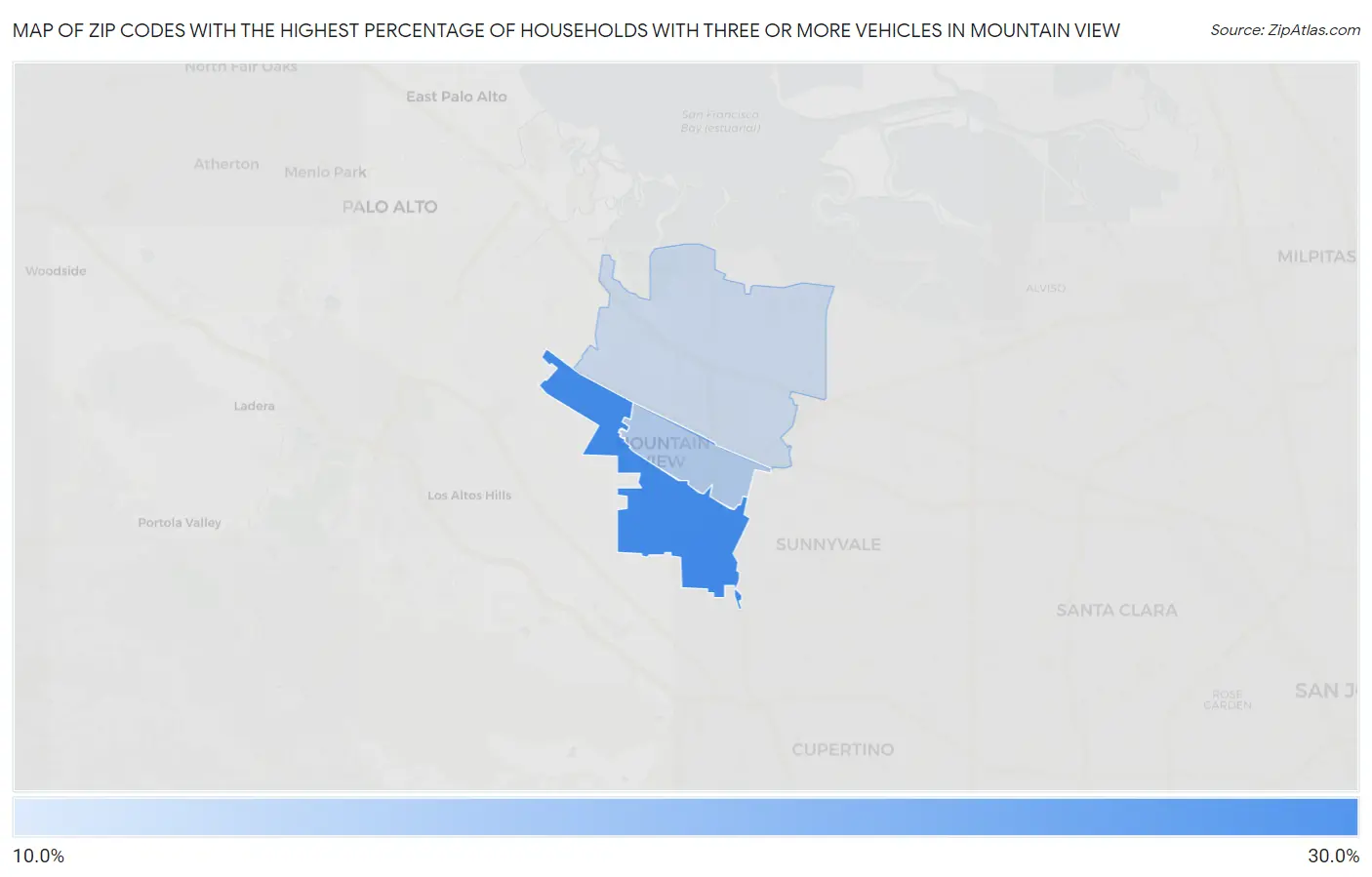 Zip Codes with the Highest Percentage of Households With Three or more Vehicles in Mountain View Map