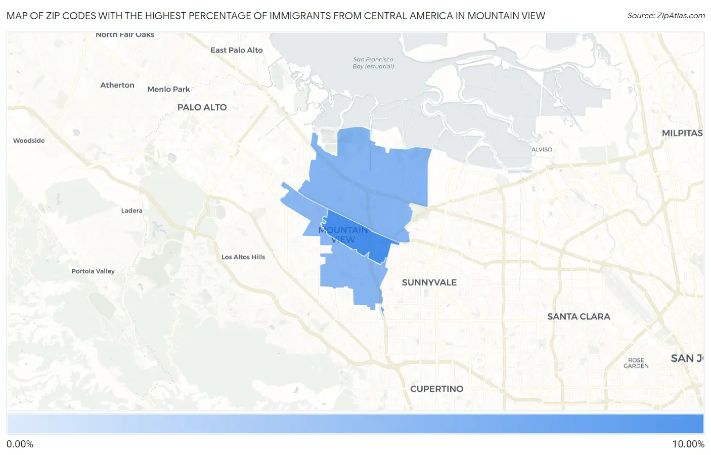Zip Codes with the Highest Percentage of Immigrants from Central America in Mountain View Map