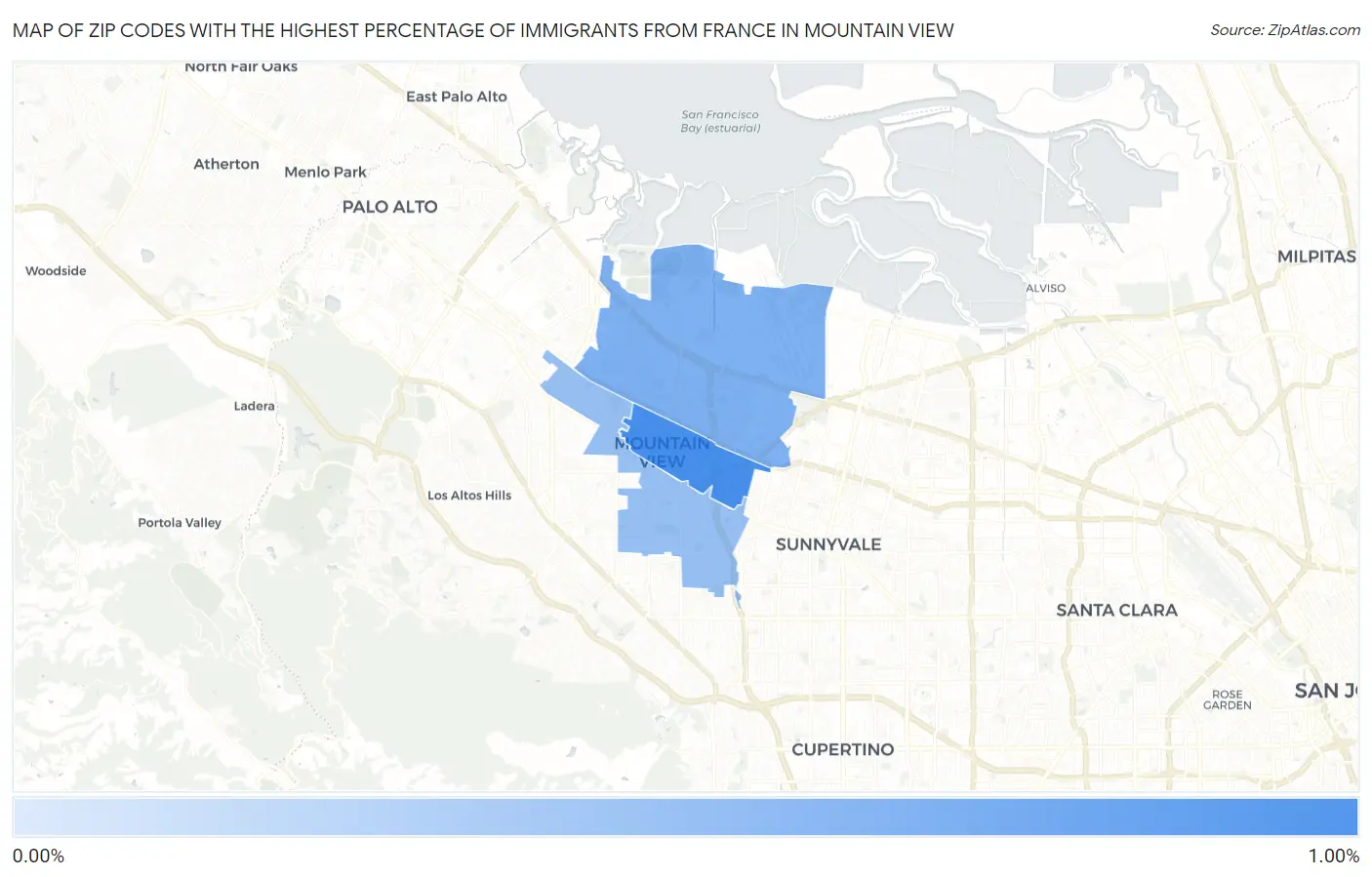 Zip Codes with the Highest Percentage of Immigrants from France in Mountain View Map