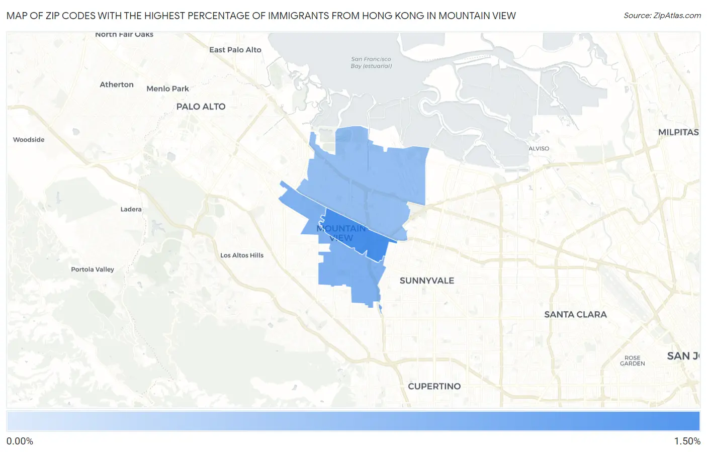 Zip Codes with the Highest Percentage of Immigrants from Hong Kong in Mountain View Map