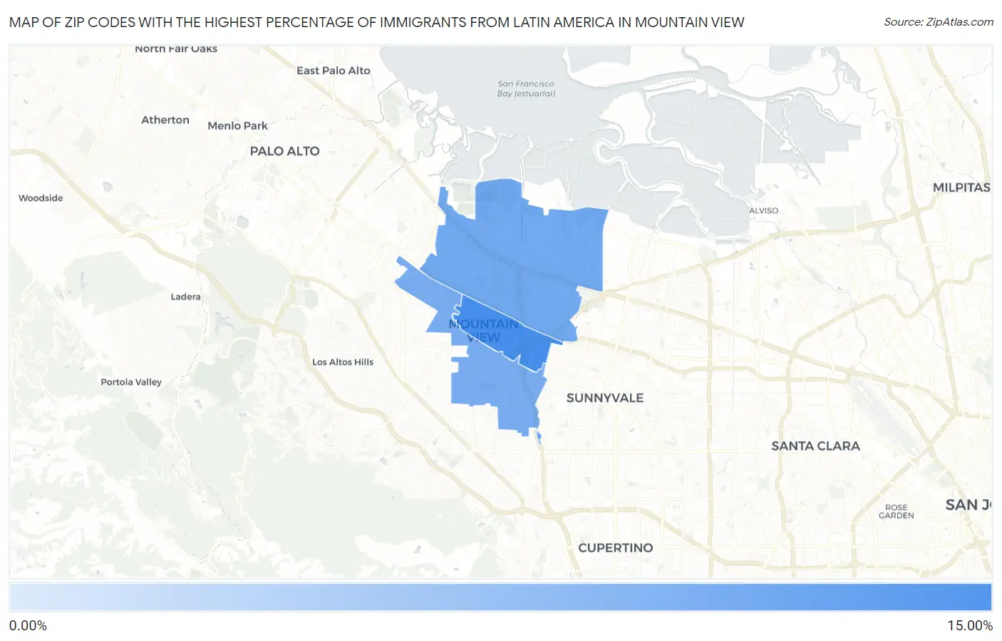 Zip Codes with the Highest Percentage of Immigrants from Latin America in Mountain View Map