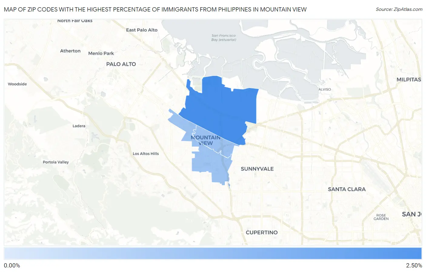 Zip Codes with the Highest Percentage of Immigrants from Philippines in Mountain View Map