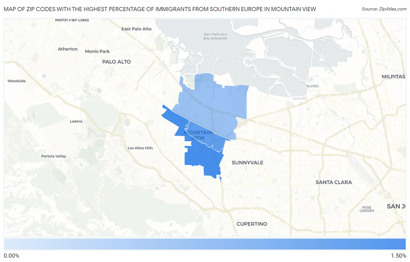 Zip Codes with the Highest Percentage of Immigrants from Southern Europe in Mountain View Map