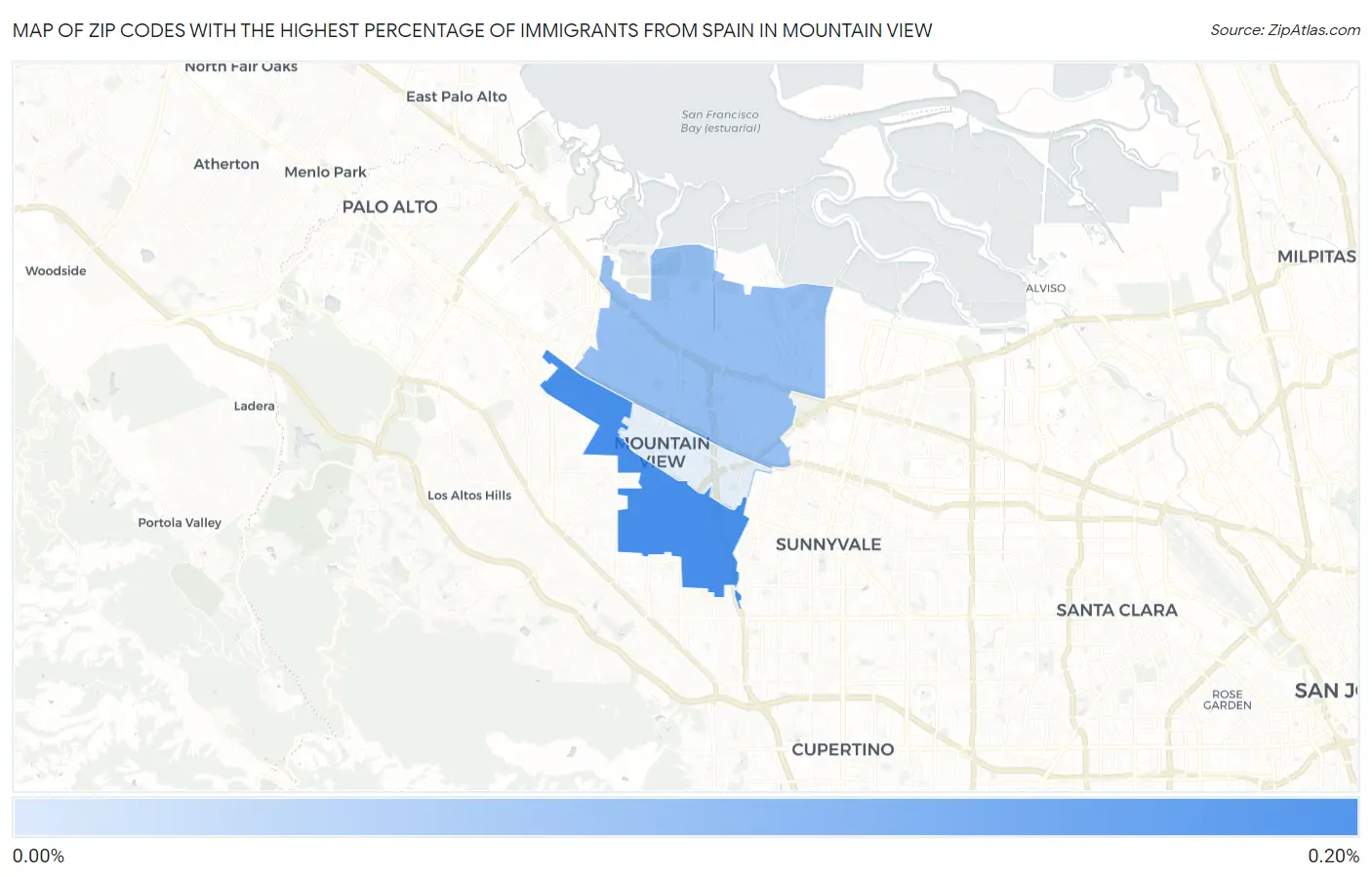 Zip Codes with the Highest Percentage of Immigrants from Spain in Mountain View Map