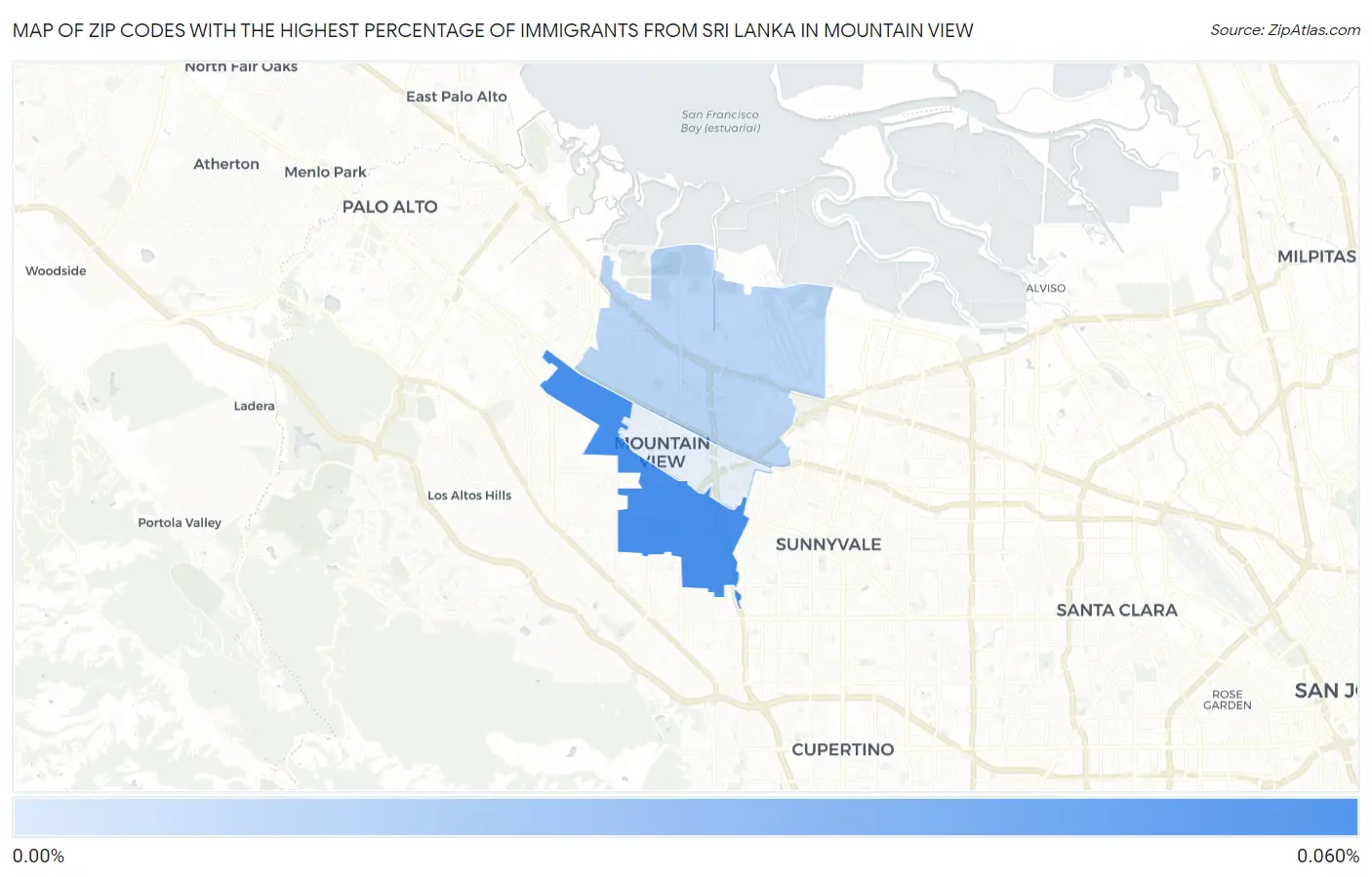Zip Codes with the Highest Percentage of Immigrants from Sri Lanka in Mountain View Map