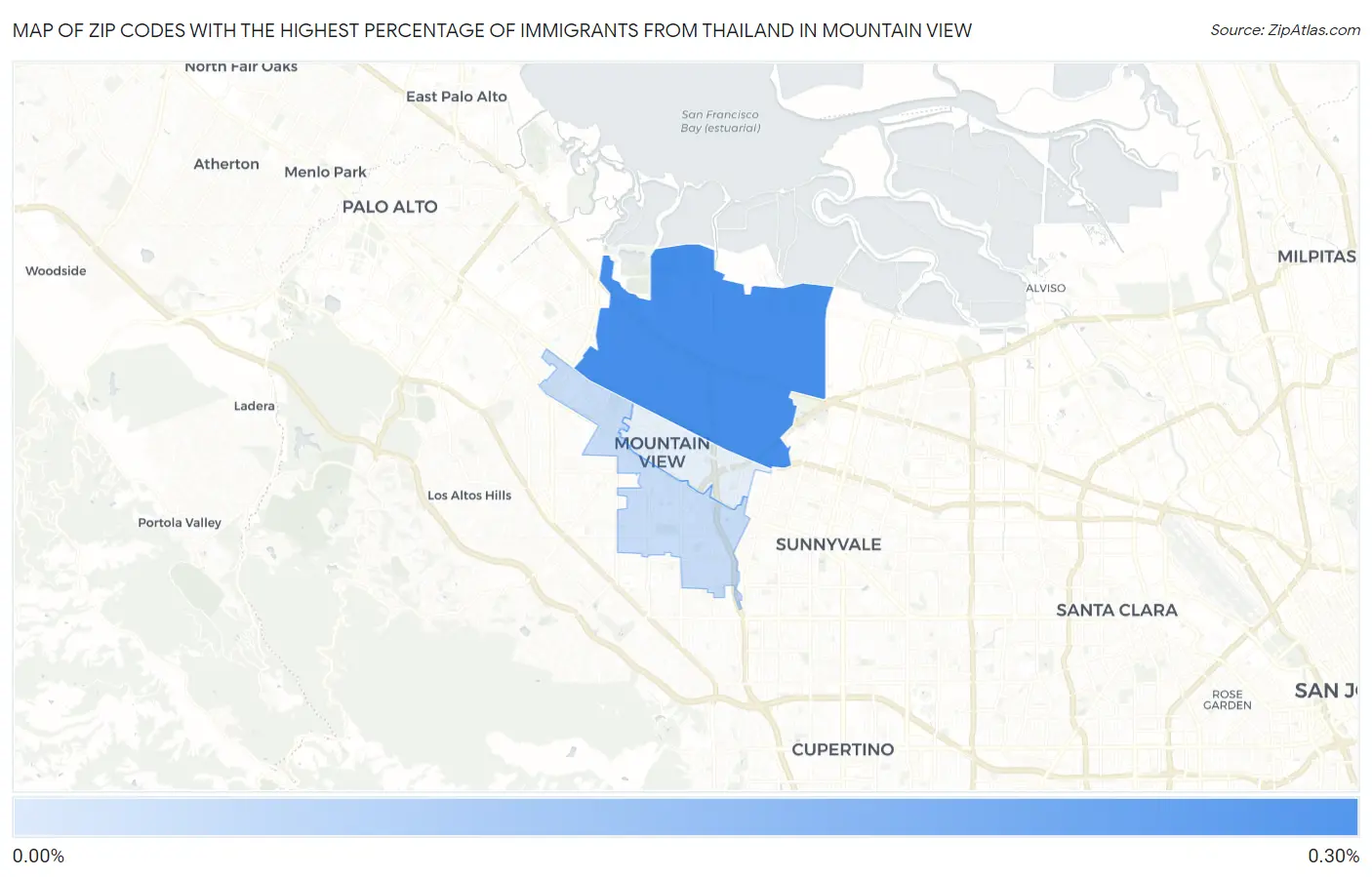 Zip Codes with the Highest Percentage of Immigrants from Thailand in Mountain View Map