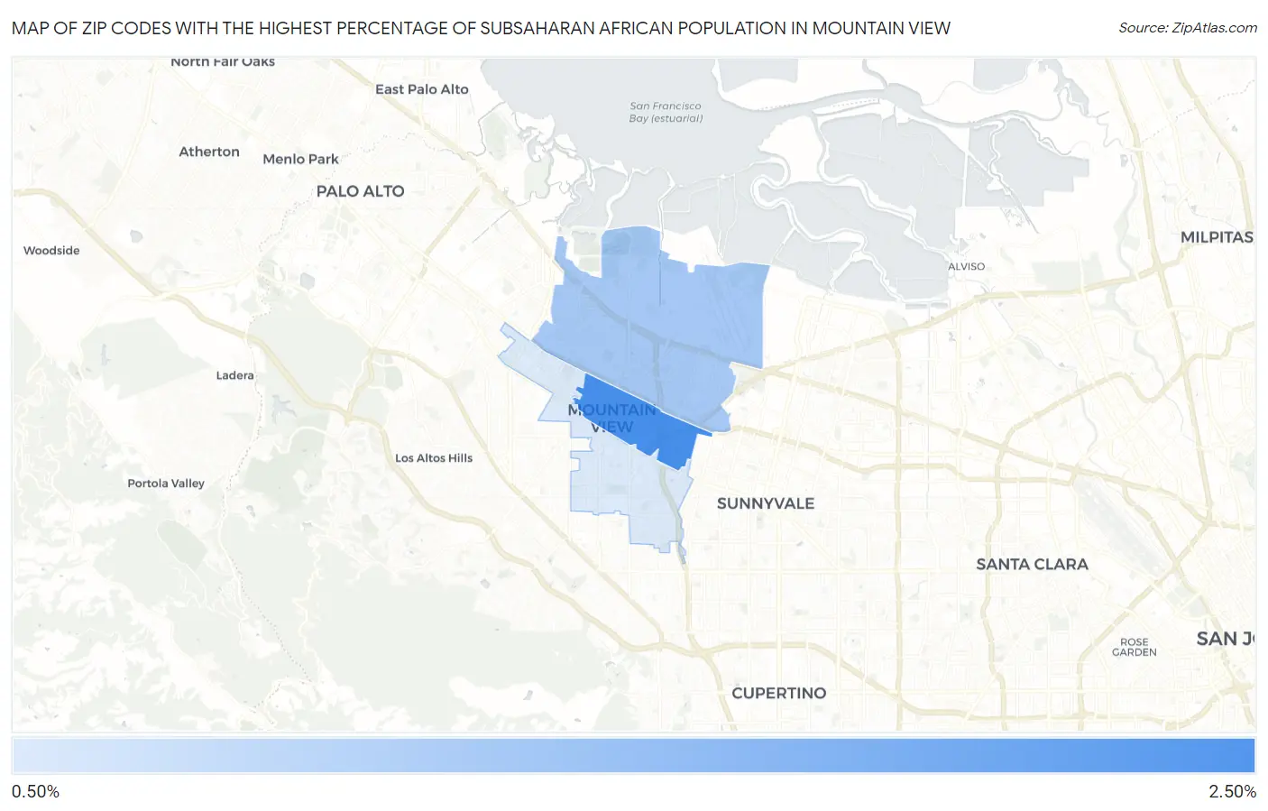 Zip Codes with the Highest Percentage of Subsaharan African Population in Mountain View Map