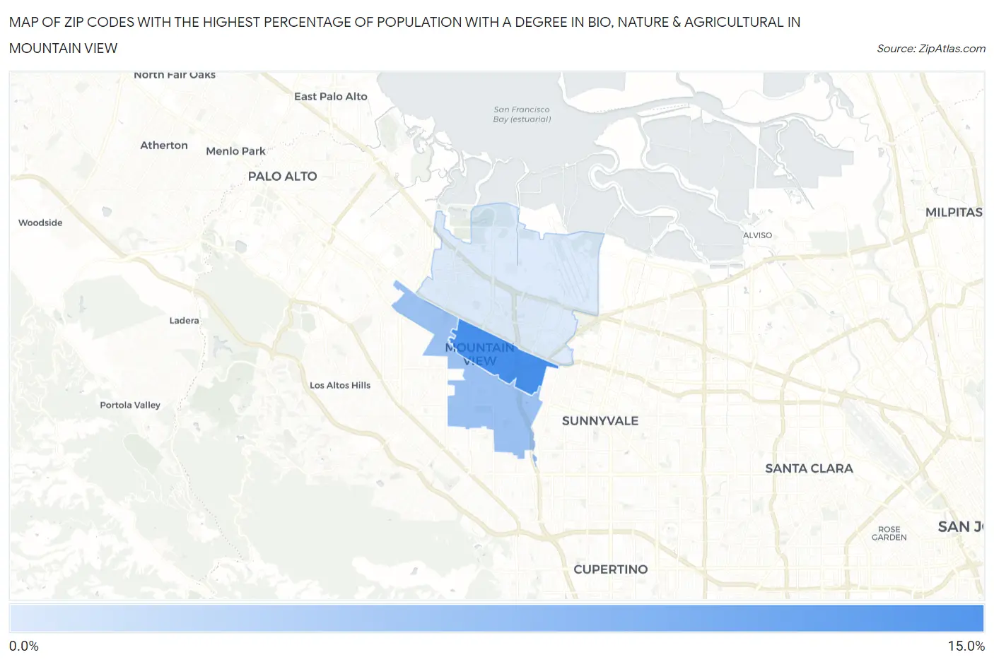 Zip Codes with the Highest Percentage of Population with a Degree in Bio, Nature & Agricultural in Mountain View Map