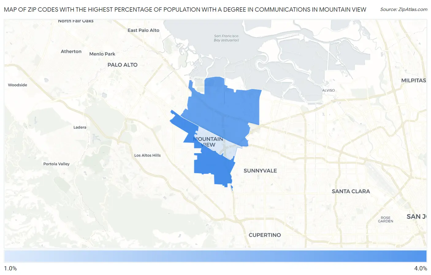 Zip Codes with the Highest Percentage of Population with a Degree in Communications in Mountain View Map