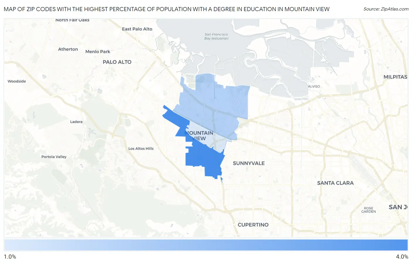 Zip Codes with the Highest Percentage of Population with a Degree in Education in Mountain View Map