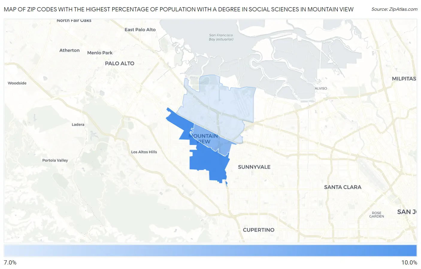 Zip Codes with the Highest Percentage of Population with a Degree in Social Sciences in Mountain View Map