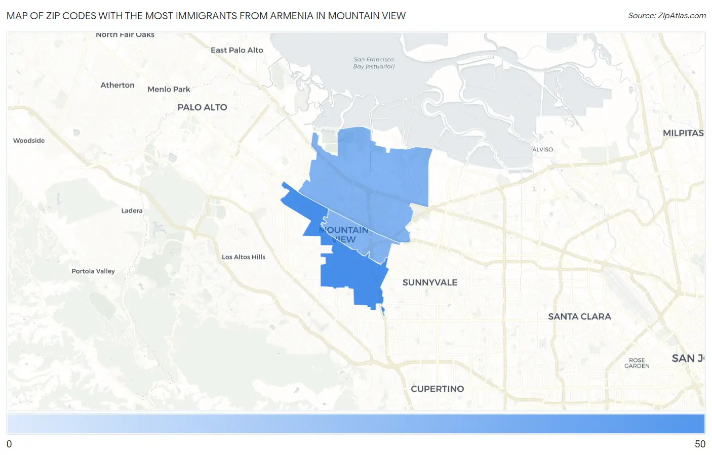 Zip Codes with the Most Immigrants from Armenia in Mountain View Map