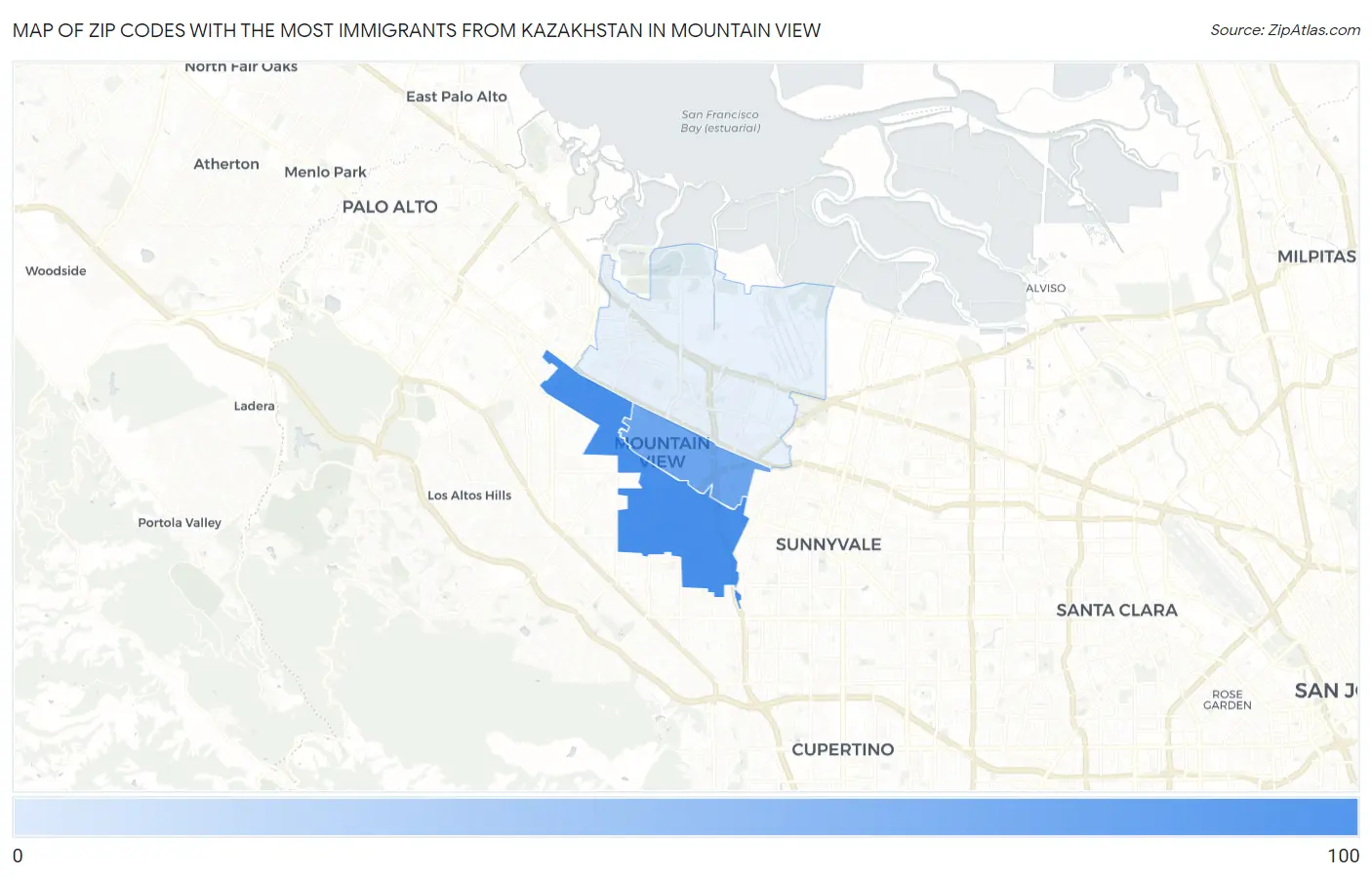 Zip Codes with the Most Immigrants from Kazakhstan in Mountain View Map
