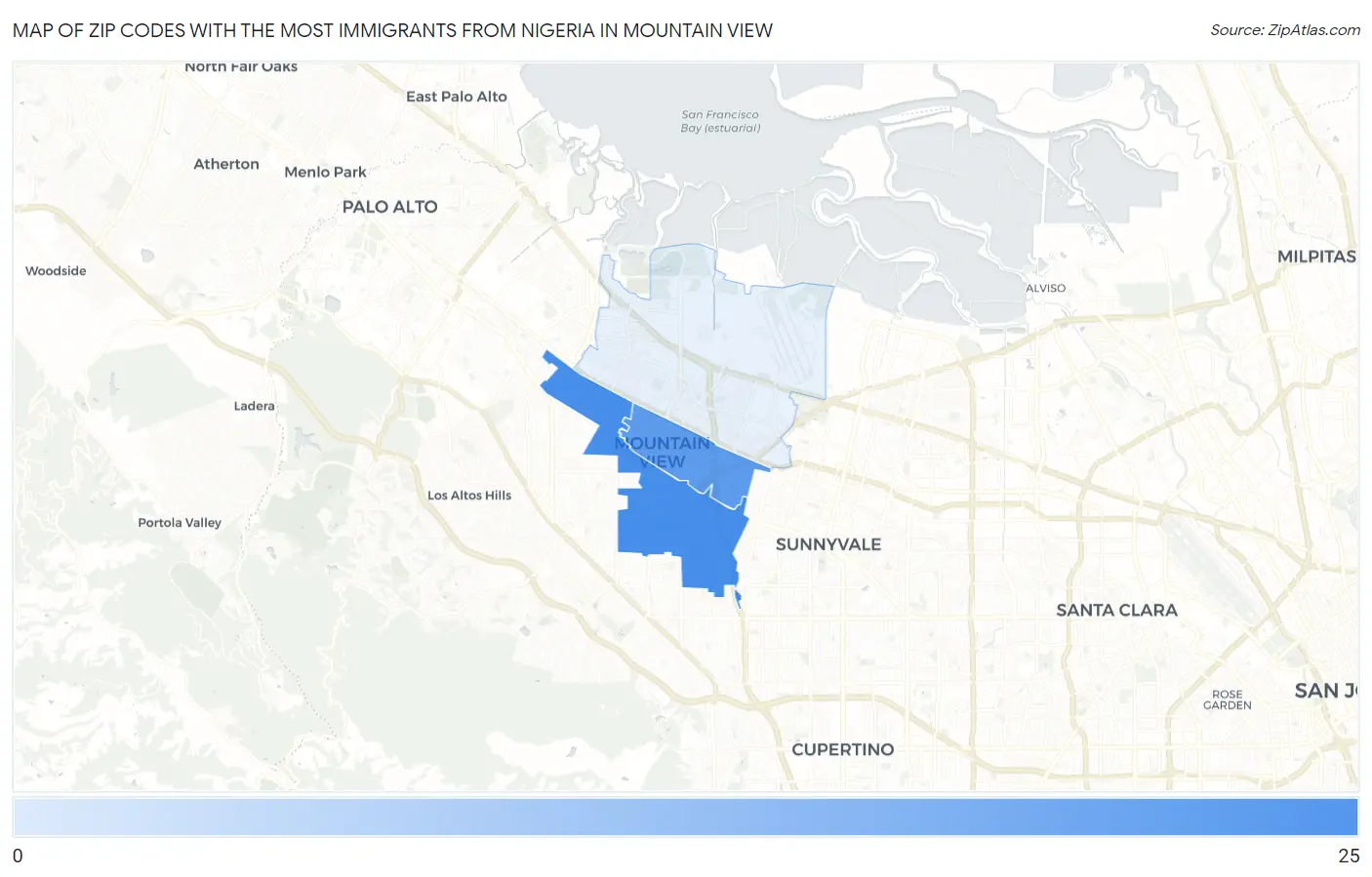 Zip Codes with the Most Immigrants from Nigeria in Mountain View Map