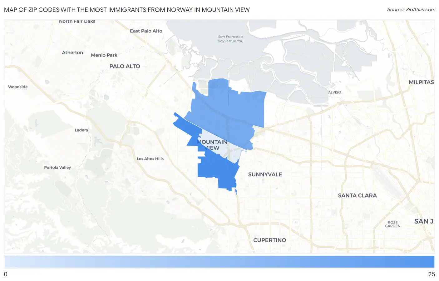 Zip Codes with the Most Immigrants from Norway in Mountain View Map