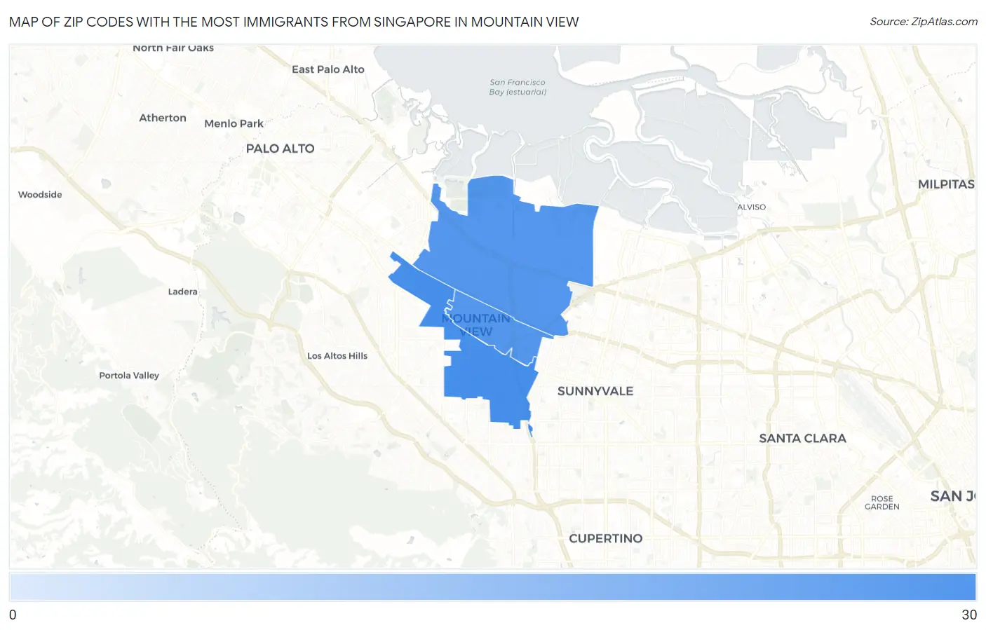 Zip Codes with the Most Immigrants from Singapore in Mountain View Map