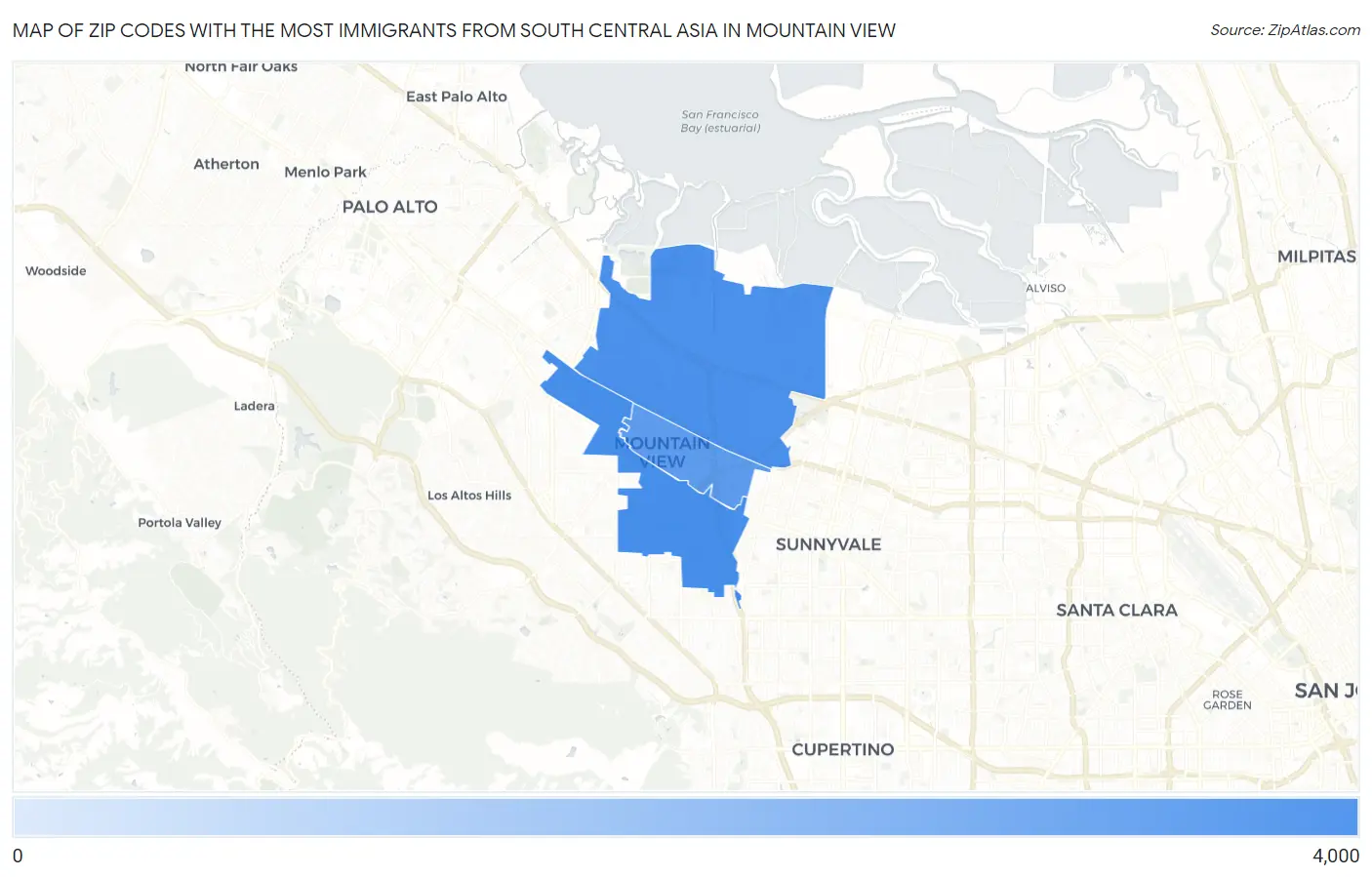Zip Codes with the Most Immigrants from South Central Asia in Mountain View Map
