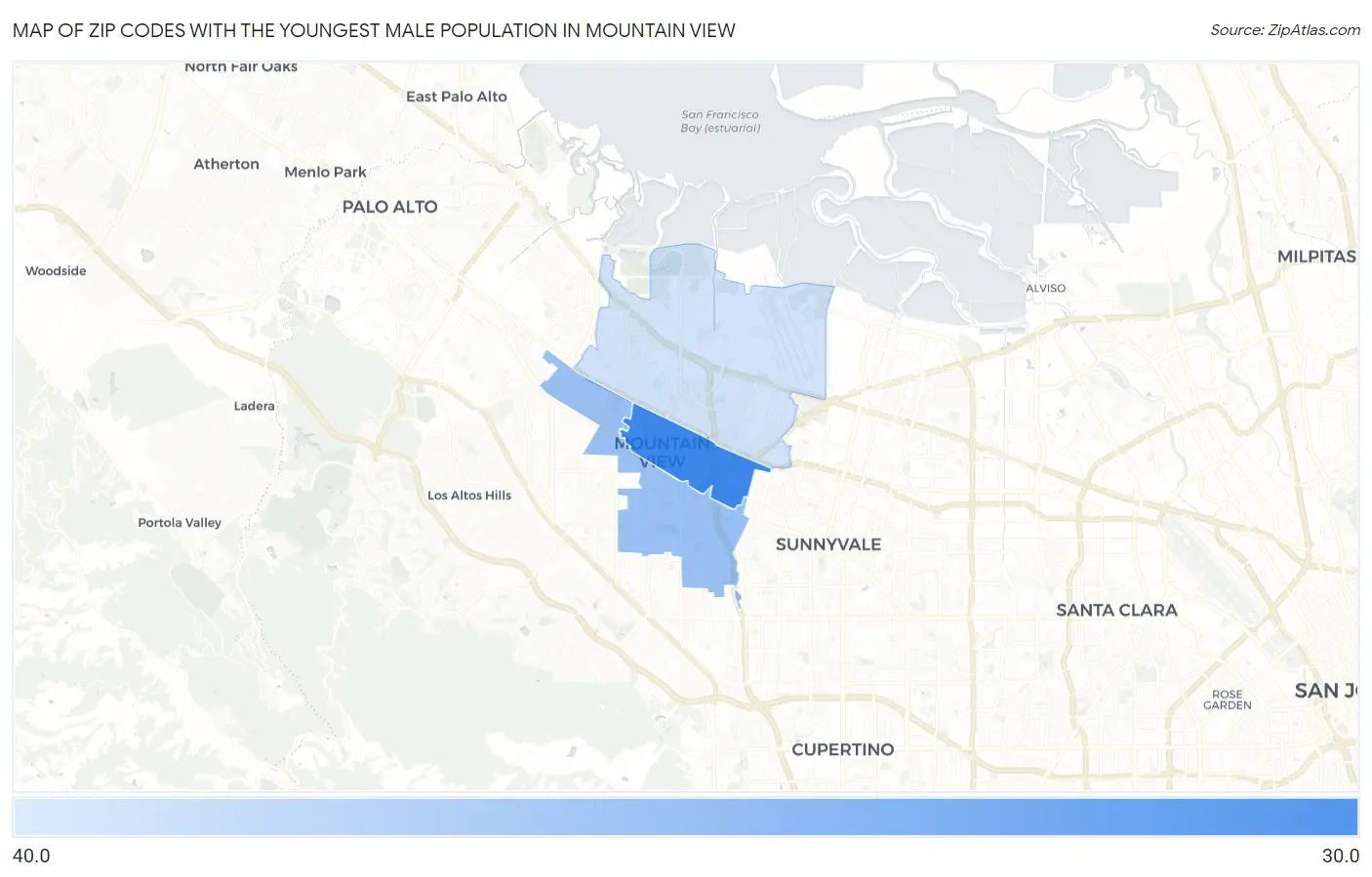 Zip Codes with the Youngest Male Population in Mountain View Map