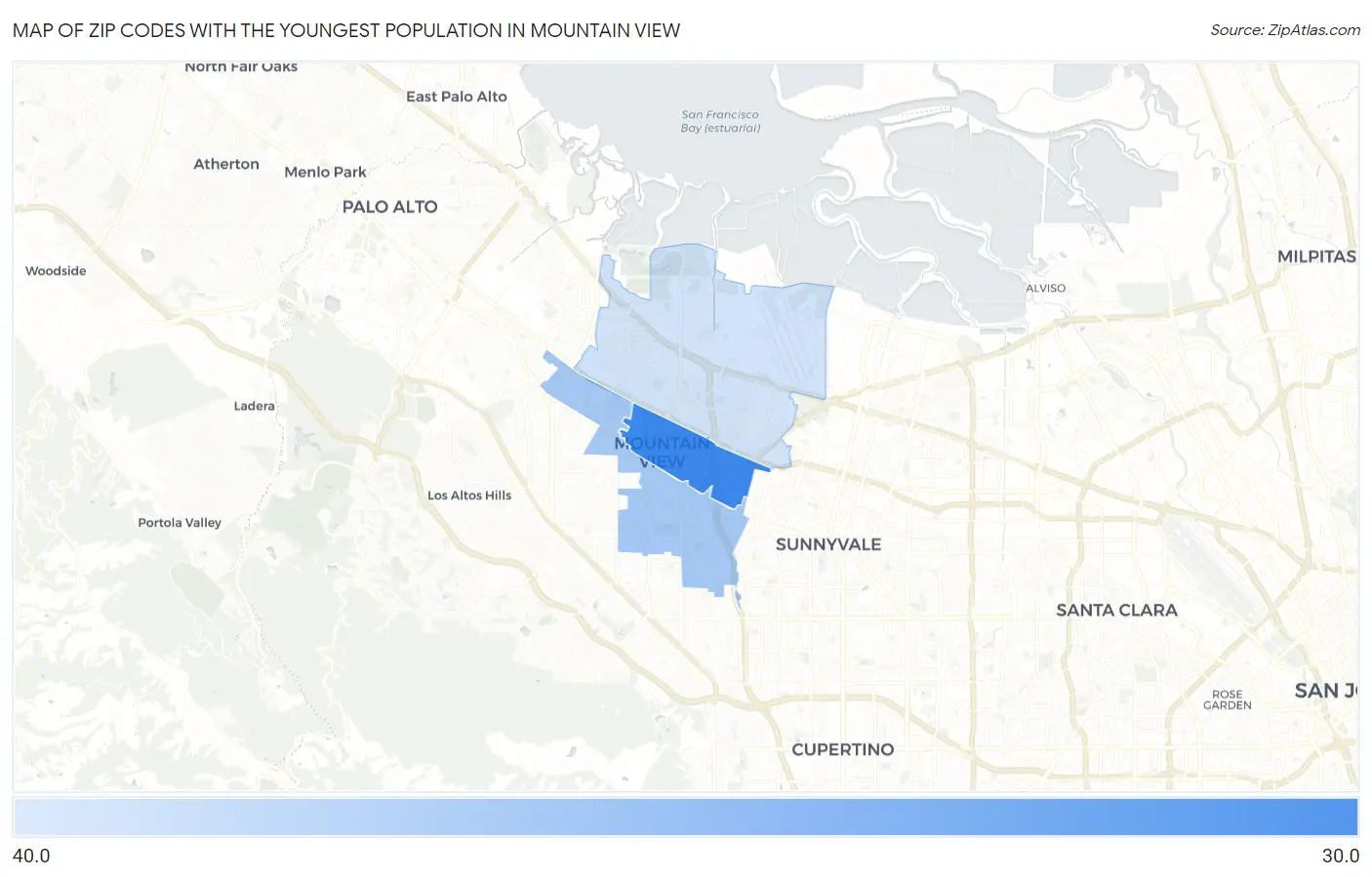 Zip Codes with the Youngest Population in Mountain View Map