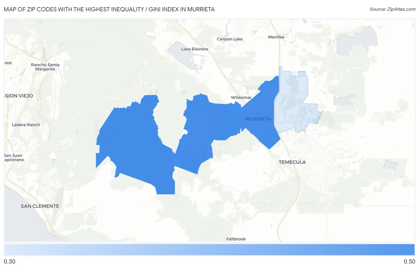 Zip Codes with the Highest Inequality / Gini Index in Murrieta Map