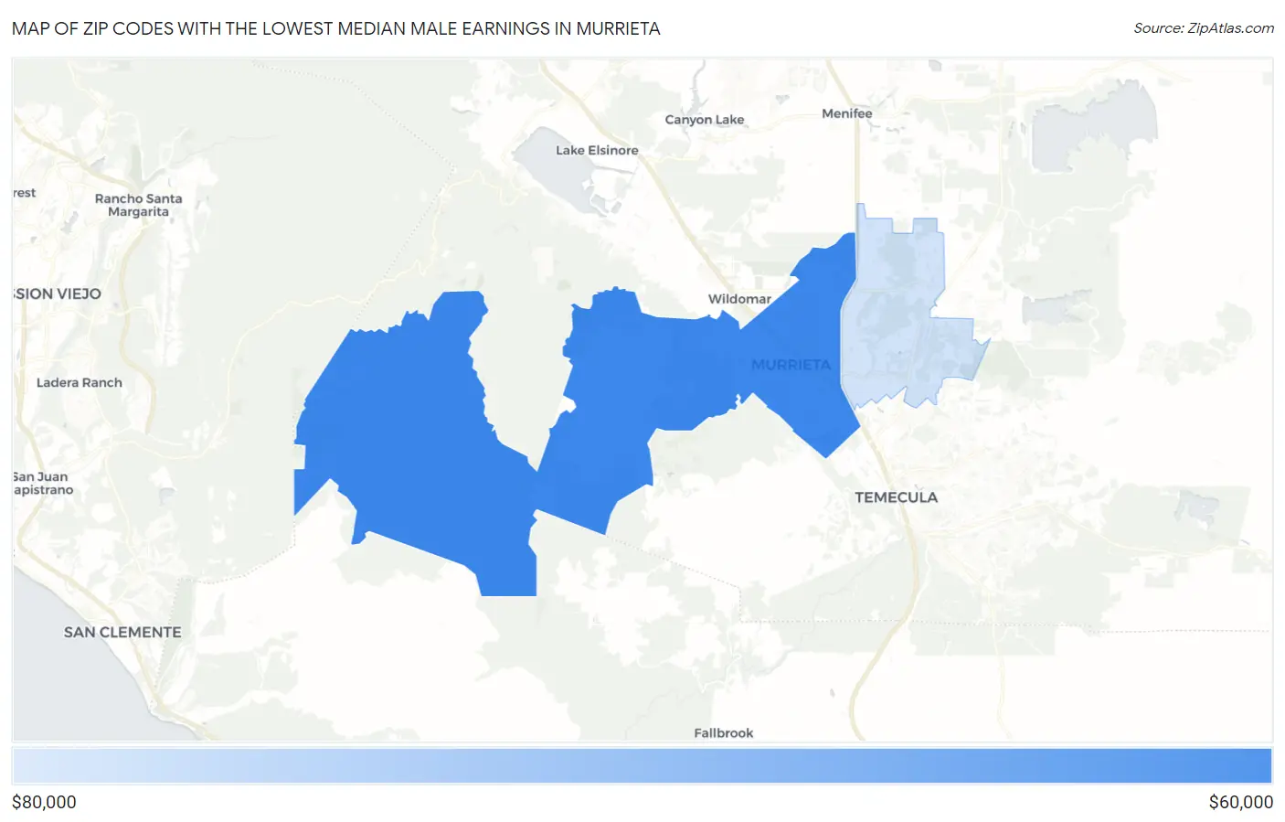 Zip Codes with the Lowest Median Male Earnings in Murrieta Map