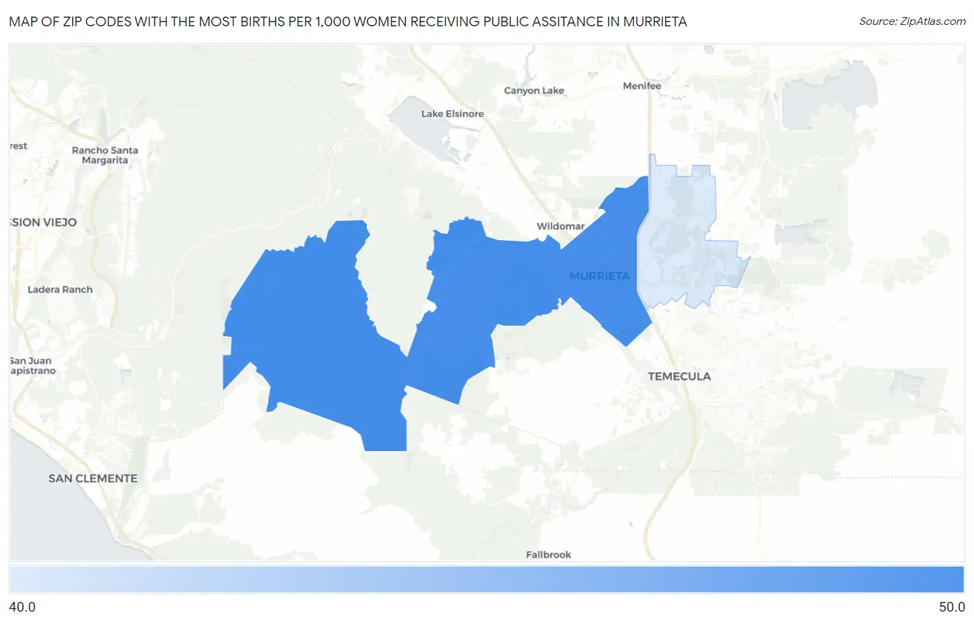 Zip Codes with the Most Births per 1,000 Women Receiving Public Assitance in Murrieta Map