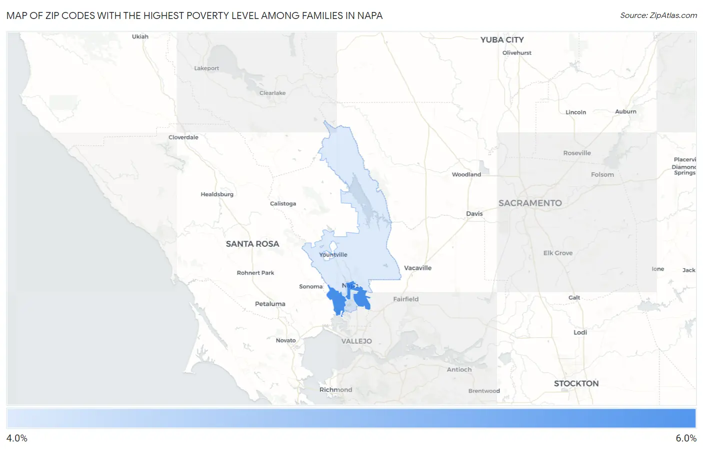 Zip Codes with the Highest Poverty Level Among Families in Napa Map