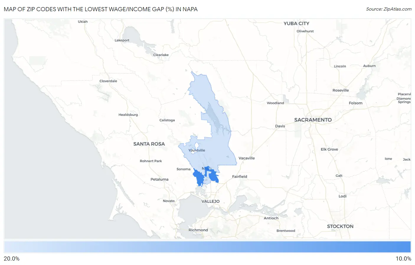 Zip Codes with the Lowest Wage/Income Gap (%) in Napa Map