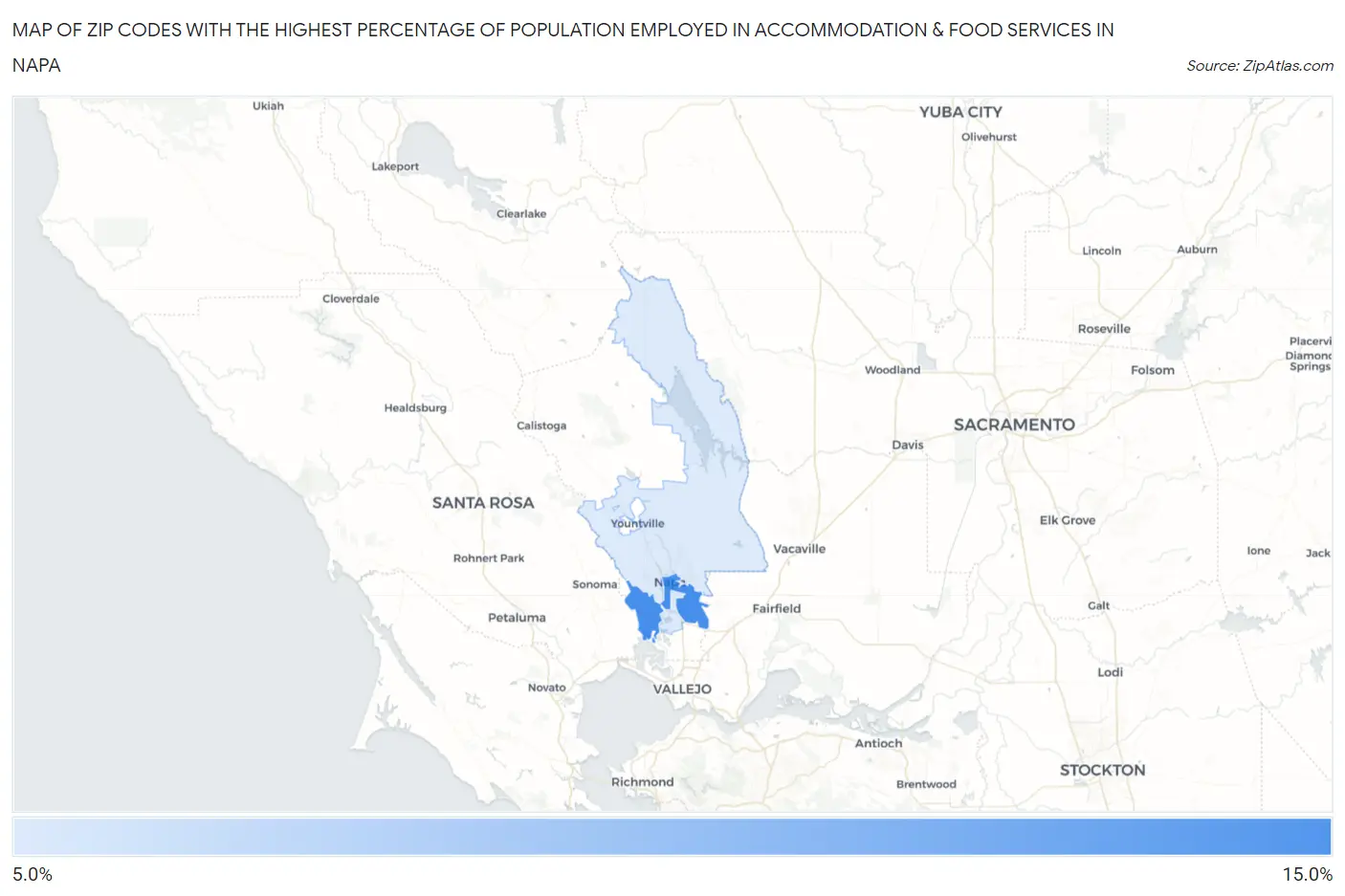 Zip Codes with the Highest Percentage of Population Employed in Accommodation & Food Services in Napa Map