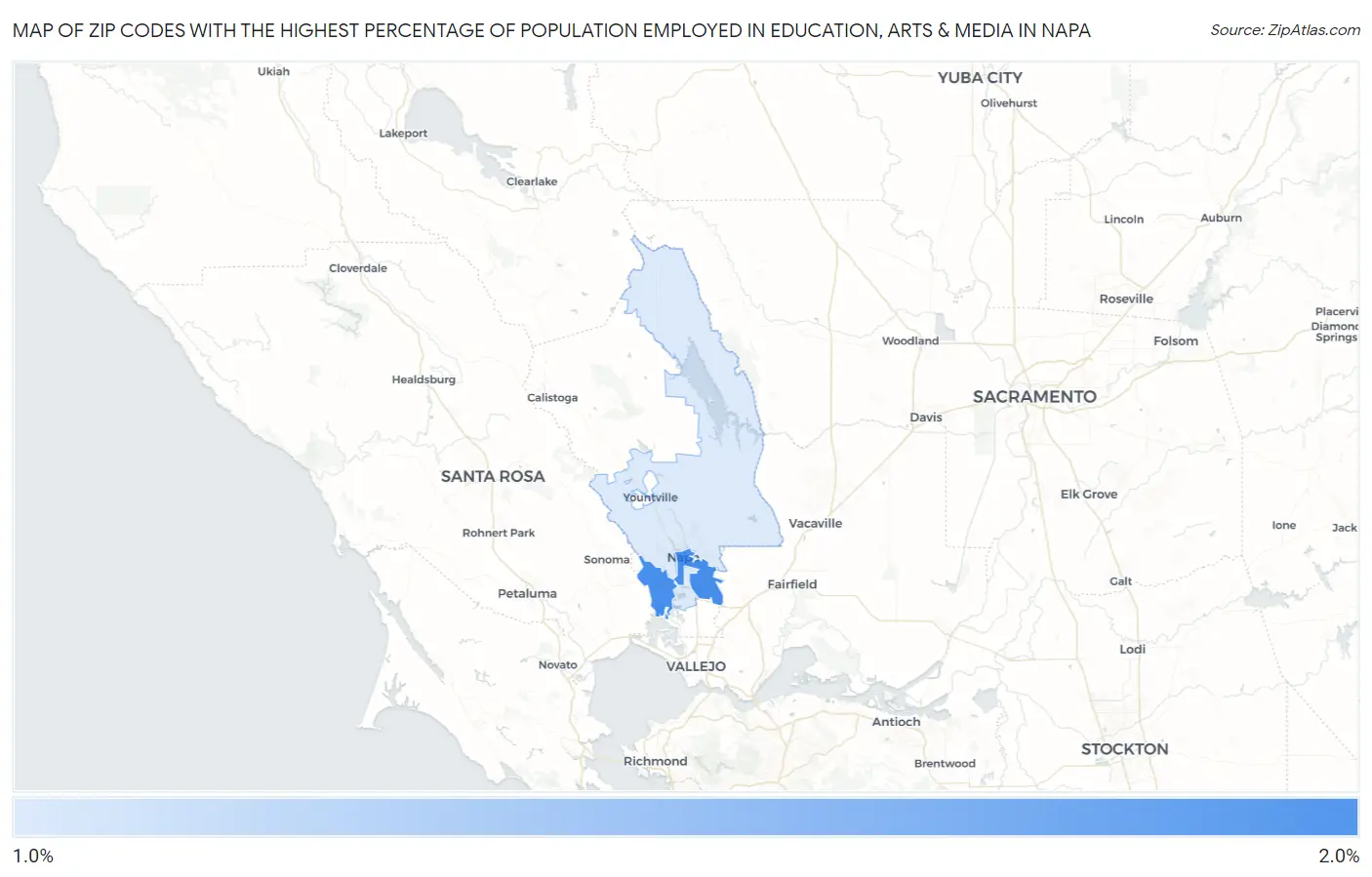 Zip Codes with the Highest Percentage of Population Employed in Education, Arts & Media in Napa Map