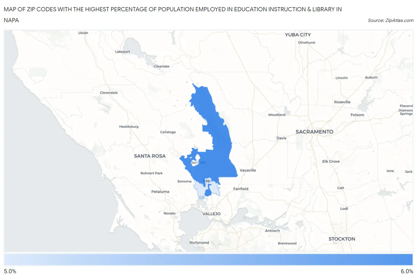 Zip Codes with the Highest Percentage of Population Employed in Education Instruction & Library in Napa Map