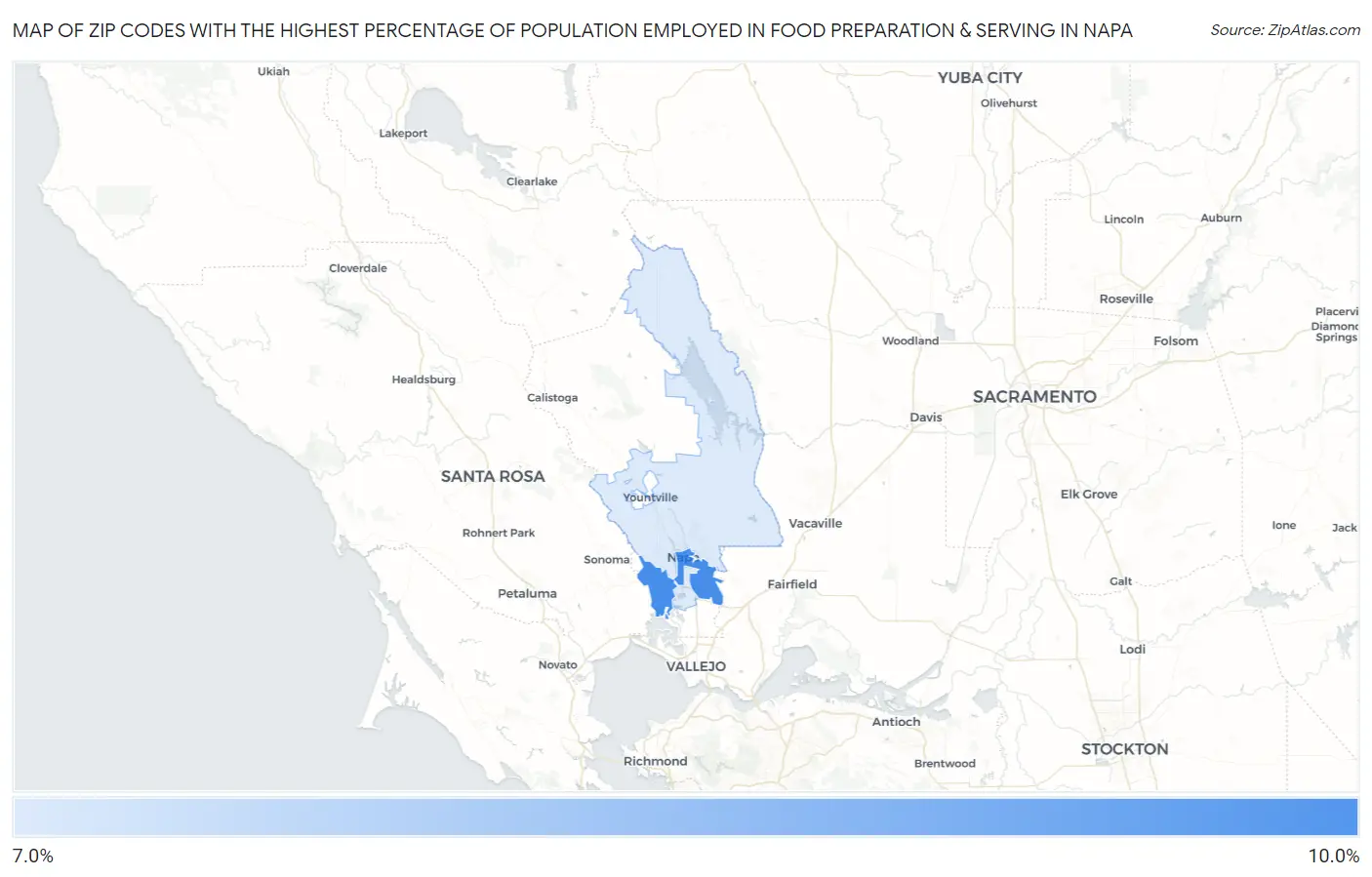 Zip Codes with the Highest Percentage of Population Employed in Food Preparation & Serving in Napa Map