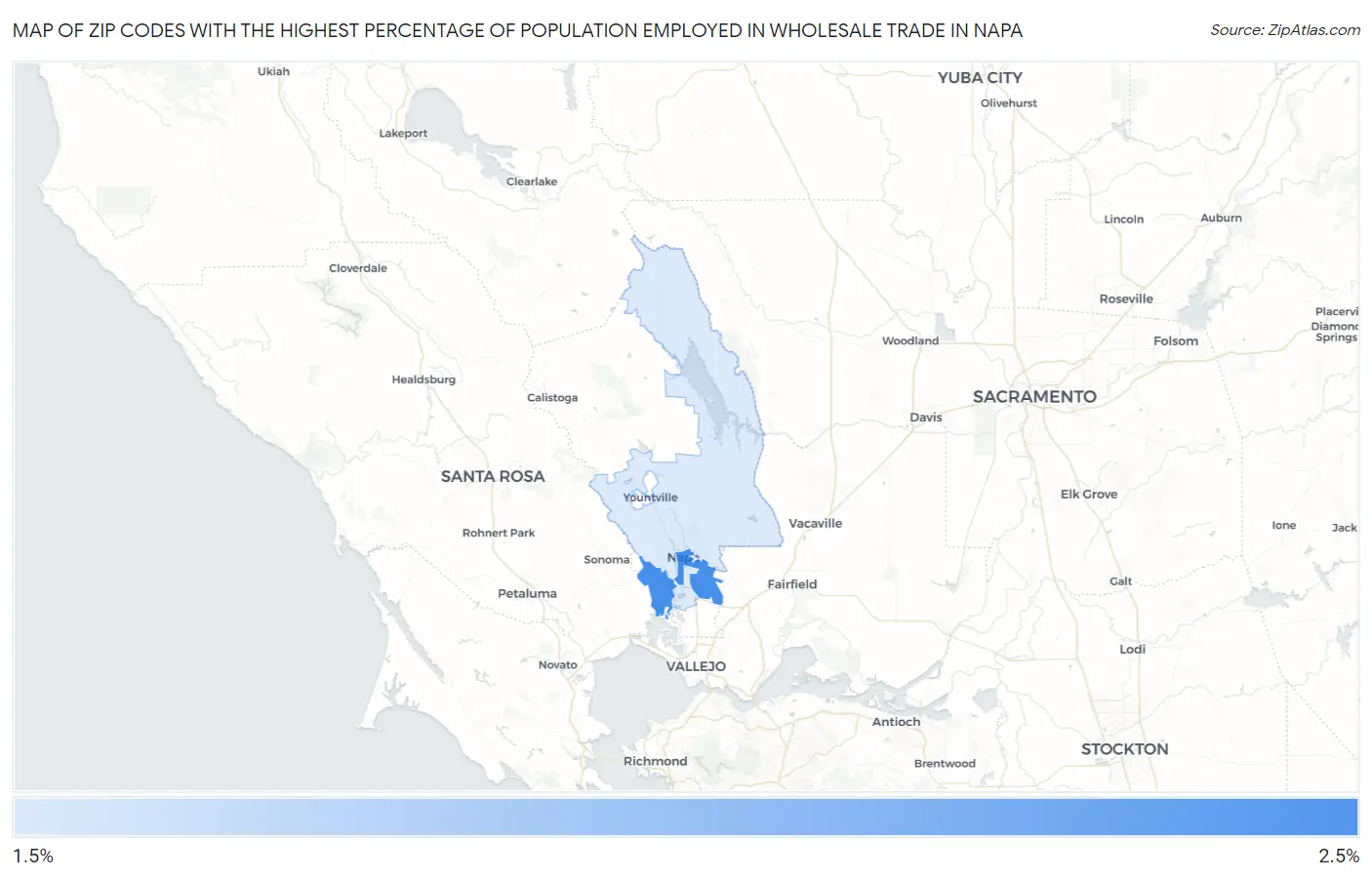Zip Codes with the Highest Percentage of Population Employed in Wholesale Trade in Napa Map