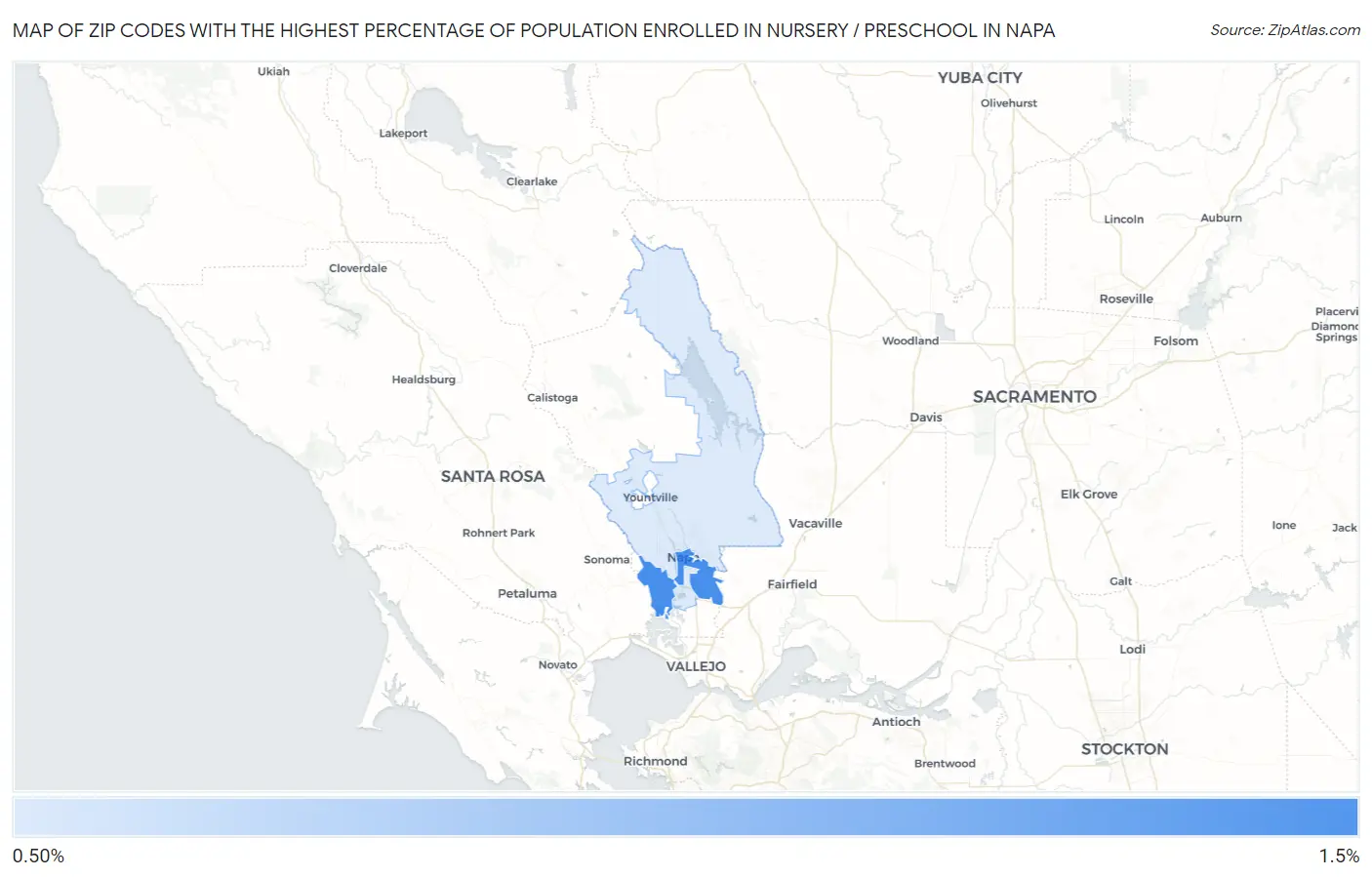 Zip Codes with the Highest Percentage of Population Enrolled in Nursery / Preschool in Napa Map