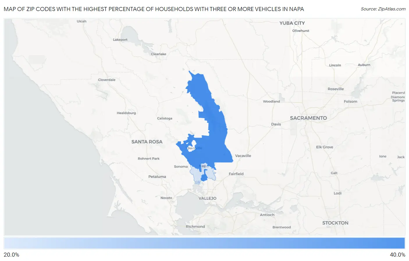 Zip Codes with the Highest Percentage of Households With Three or more Vehicles in Napa Map