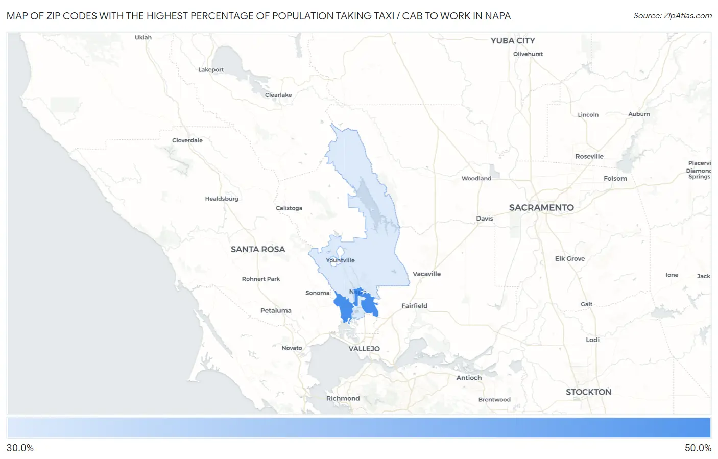 Zip Codes with the Highest Percentage of Population Taking Taxi / Cab to Work in Napa Map