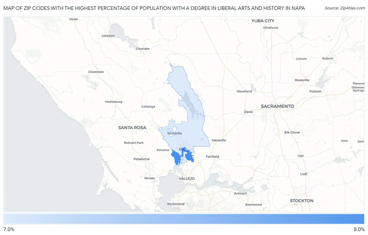 Zip Codes with the Highest Percentage of Population with a Degree in Liberal Arts and History in Napa Map