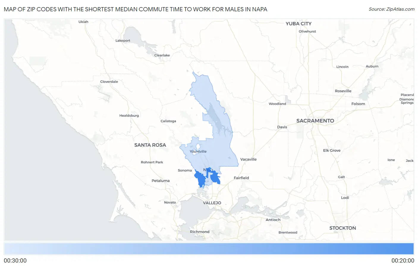 Zip Codes with the Shortest Median Commute Time to Work for Males in Napa Map
