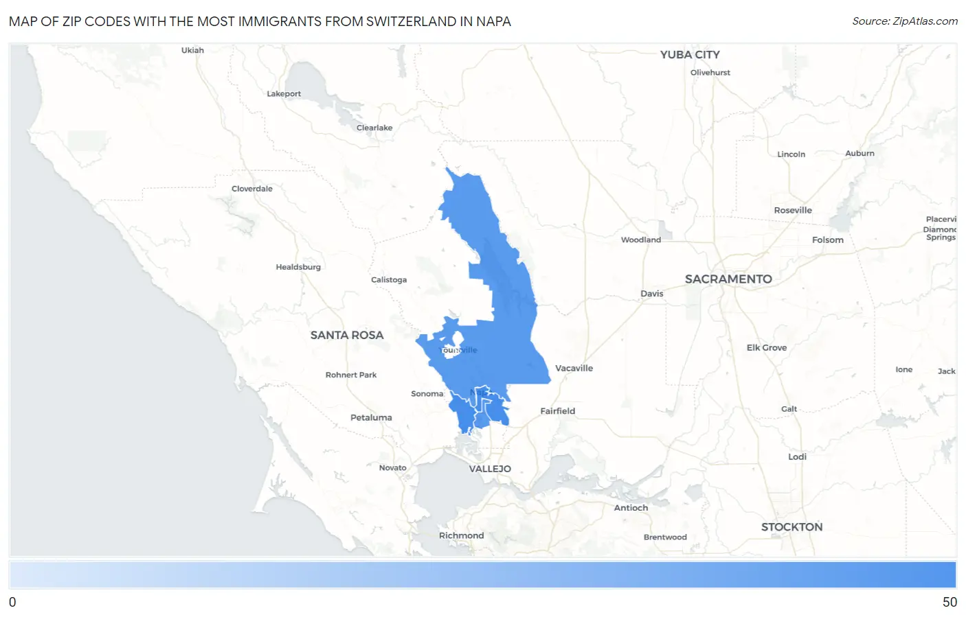 Zip Codes with the Most Immigrants from Switzerland in Napa Map