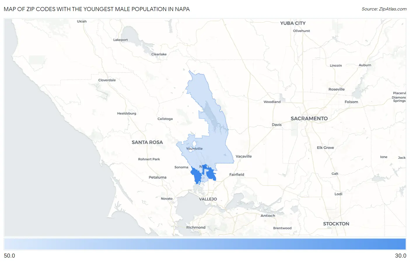 Zip Codes with the Youngest Male Population in Napa Map